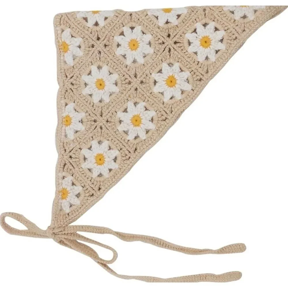 Crochet Daisy Bandana Hair Scarf Boho Granny Square Headwrap Knit Cottagecore
